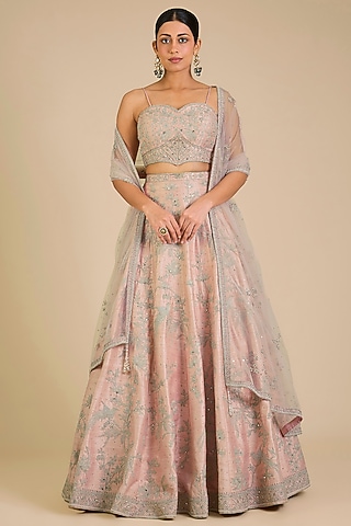 Pink Raw Silk Hand Embroidered Lehenga Set by Matsya
