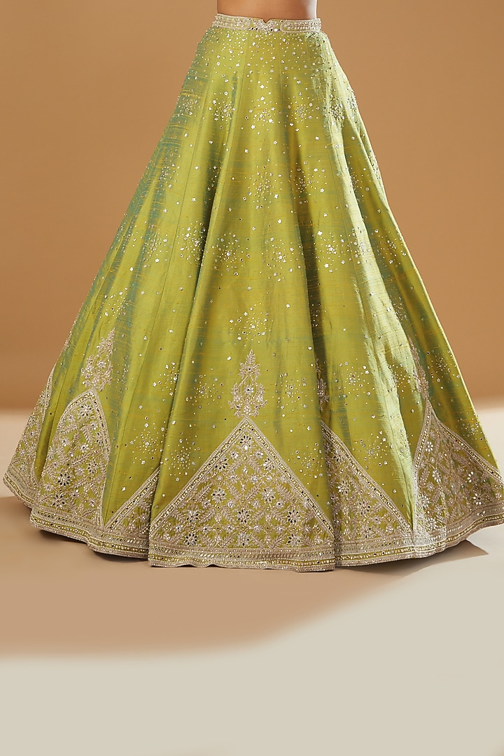 Green & Gold Silk Embellished Bridal Lehenga Set by Matsya at Pernia's Pop Up Shop