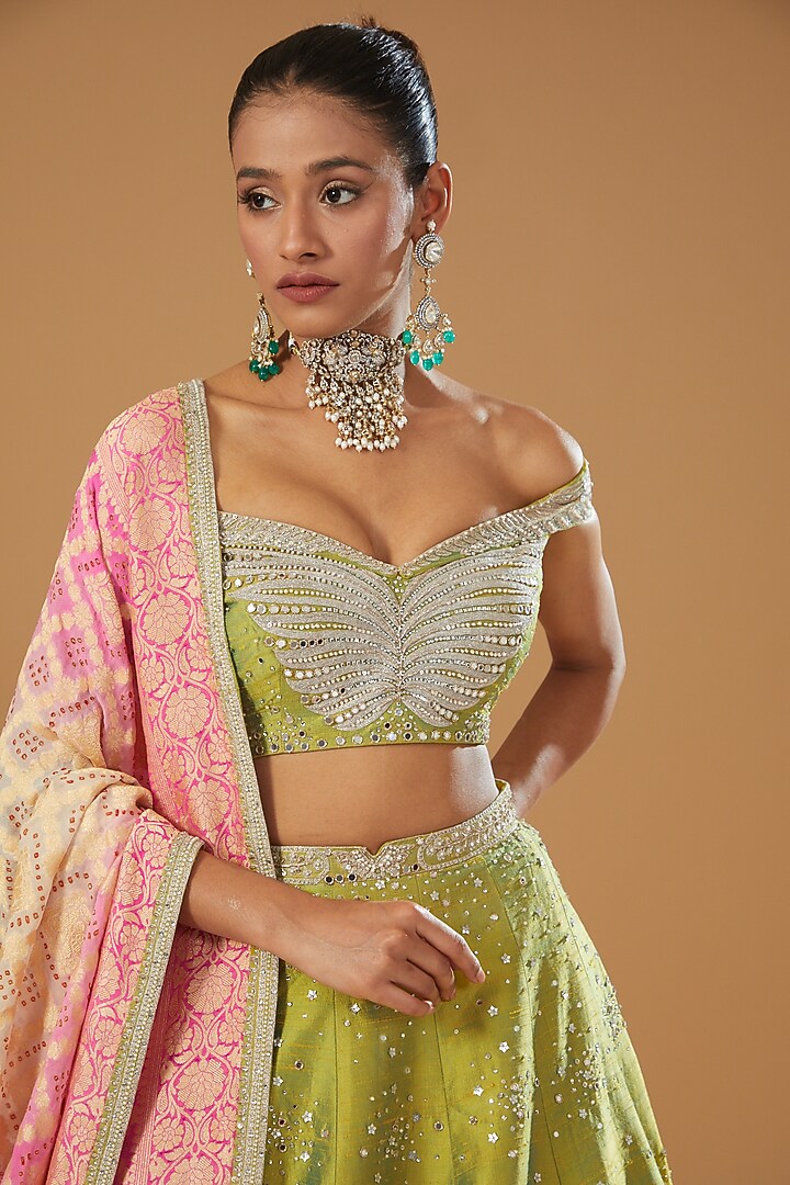 Green & Gold Silk Embellished Bridal Lehenga Set by Matsya at Pernia's Pop Up Shop