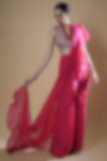 Fuchsia Organza Georgette Frilled Drape Saree Set by Matsya at Pernia's Pop Up Shop