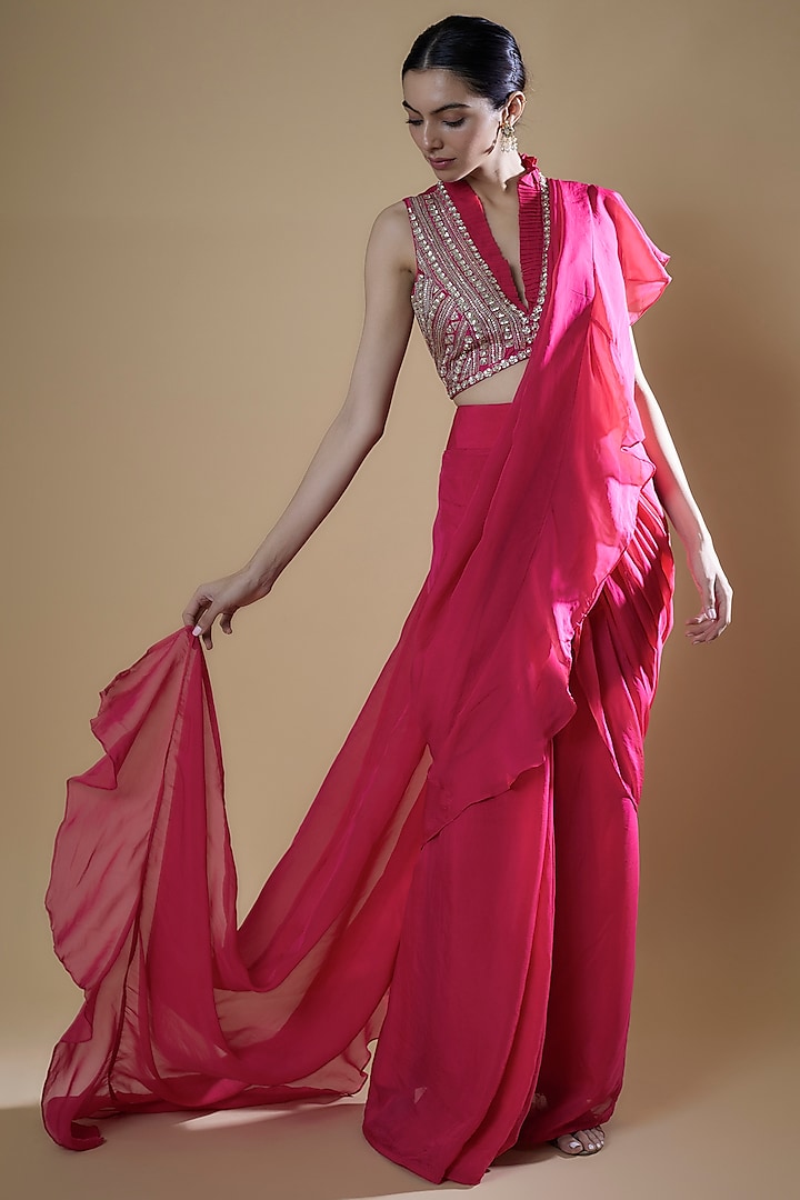 Fuchsia Organza Georgette Frilled Drape Saree Set by Matsya at Pernia's Pop Up Shop