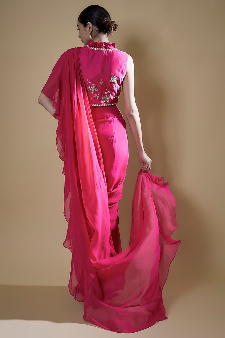Fuchsia Organza Georgette Frilled Drape Wedding Saree Set by Matsya at Pernia's Pop Up Shop