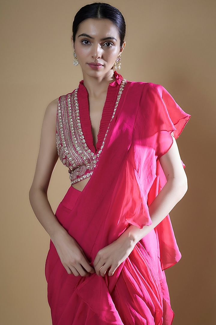 Fuchsia Organza Georgette Frilled Drape Wedding Saree Set by Matsya at Pernia's Pop Up Shop