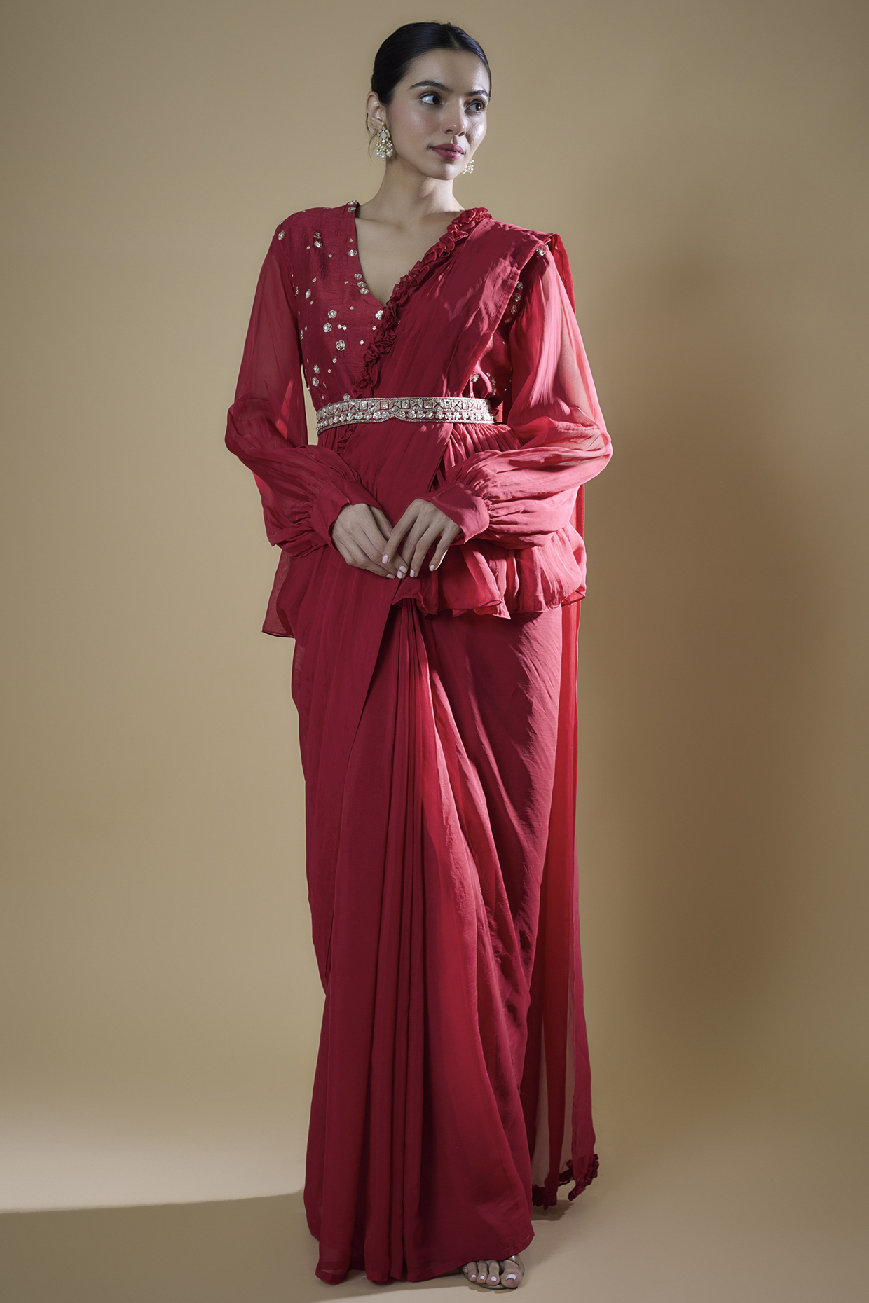 Red Plant Based Soft Georgette Organza Pre-Draped Party Wear Saree Set by Matsya at Pernia's Pop Up Shop