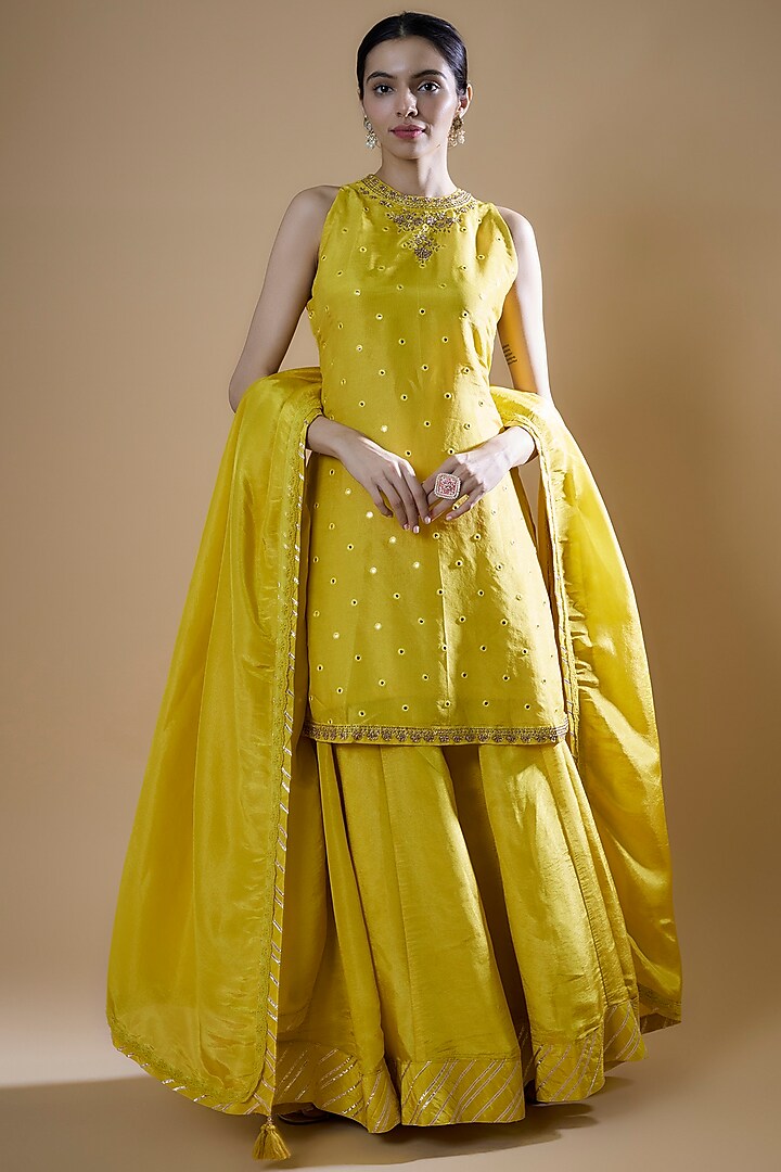Lime Georgette Tissue Handcrafted Sharara Set by Matsya at Pernia's Pop Up Shop