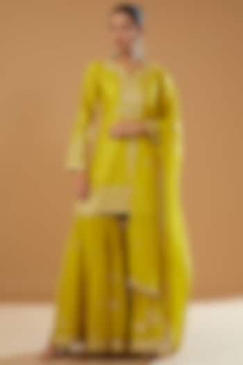 Haldi Yellow Chanderi Silk Embroidered Sharara Set by Matsya at Pernia's Pop Up Shop