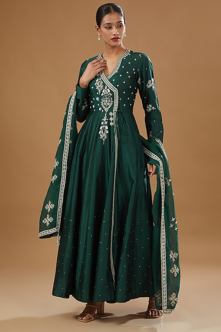 Bottle Green Handloom Chanderi Silk Embroidered Anarkali Set by Matsya