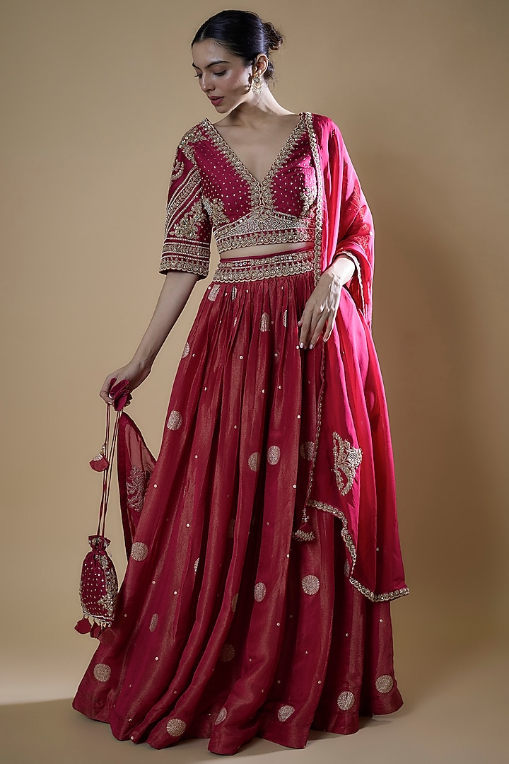 Fuchsia Tissue Banarasi & Chanderi Embroidered Wedding Lehenga Set by Matsya at Pernia's Pop Up Shop