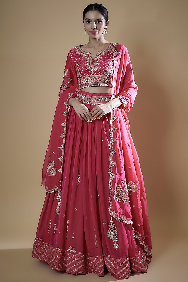 Fuchsia Georgette Organza Embroidered Wedding Lehenga Set by Matsya at Pernia's Pop Up Shop