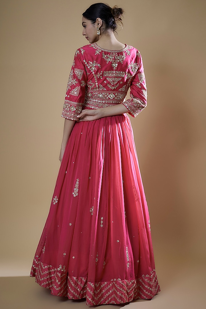 Fuchsia Georgette Organza Embroidered Wedding Lehenga Set by Matsya at Pernia's Pop Up Shop