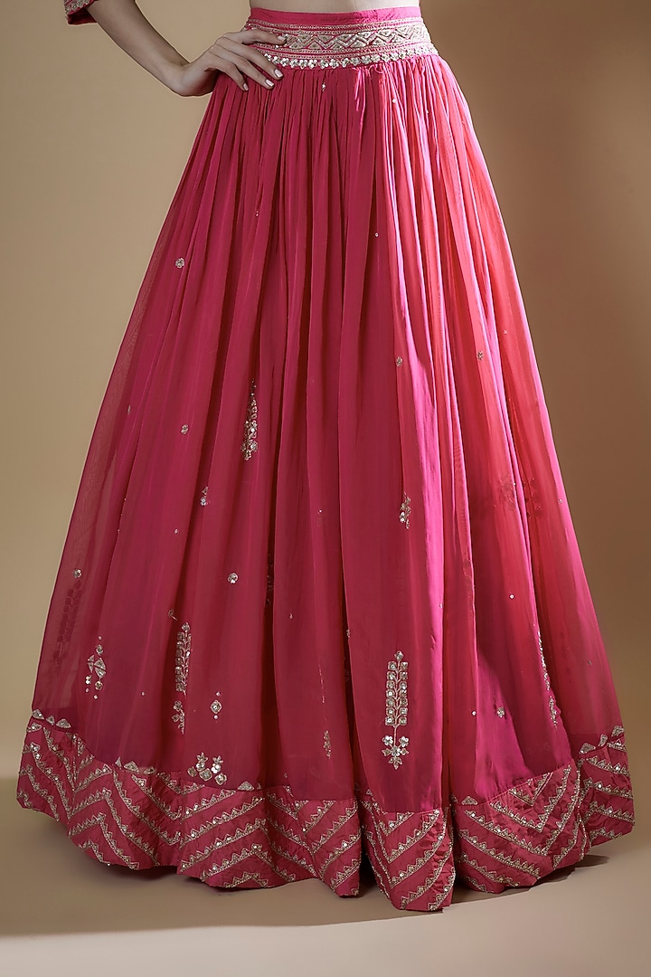 Fuchsia Georgette Organza Embroidered Wedding Lehenga Set by Matsya at Pernia's Pop Up Shop