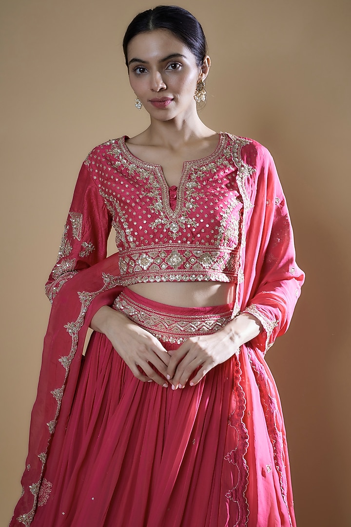 Fuchsia Georgette Organza Embroidered Wedding Lehenga Set by Matsya at Pernia's Pop Up Shop