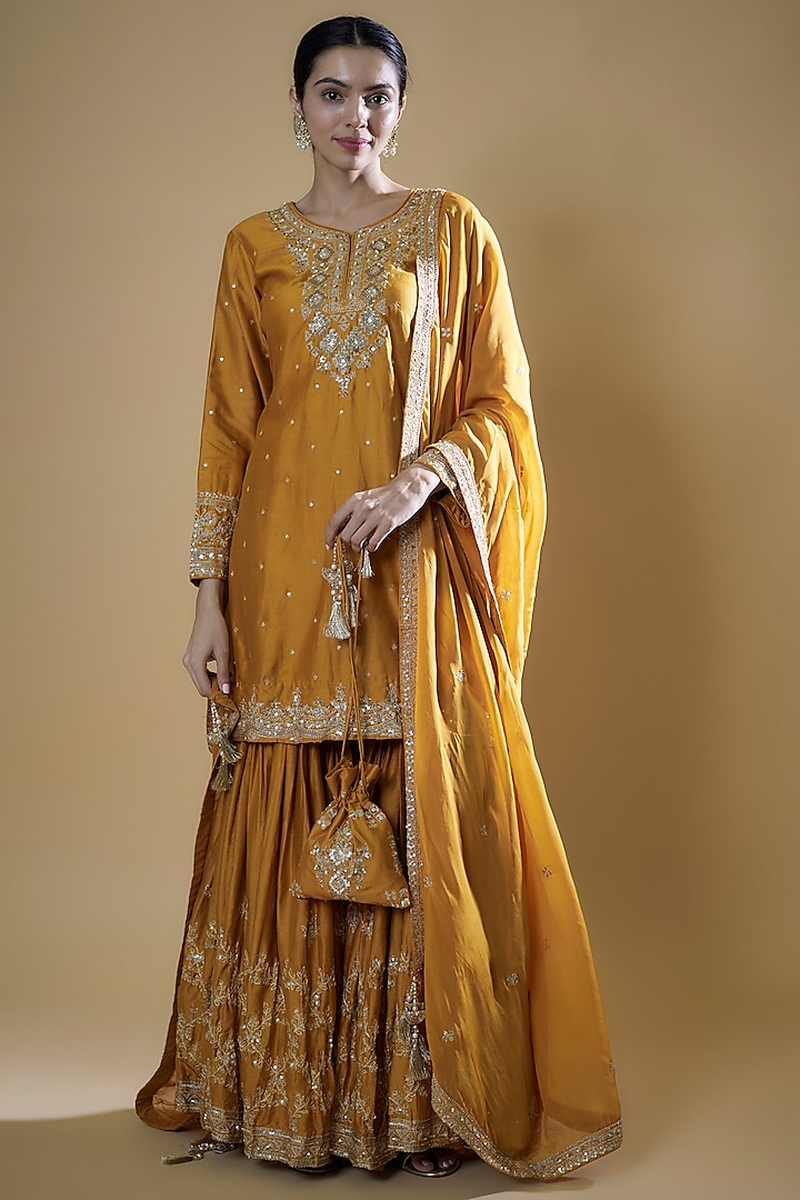 Mustard Handloom Chanderi Silk Embroidered Sharara Set by Matsya at Pernia's Pop Up Shop