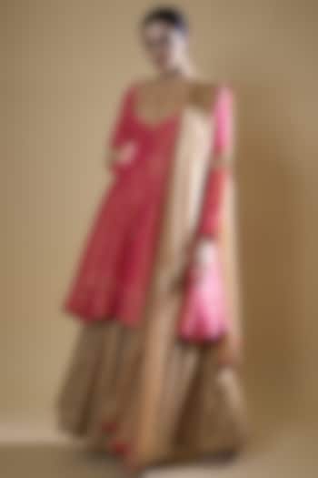Fuchsia Chanderi Silk Embroidered Party Wear Anarkali Set by Matsya at Pernia's Pop Up Shop