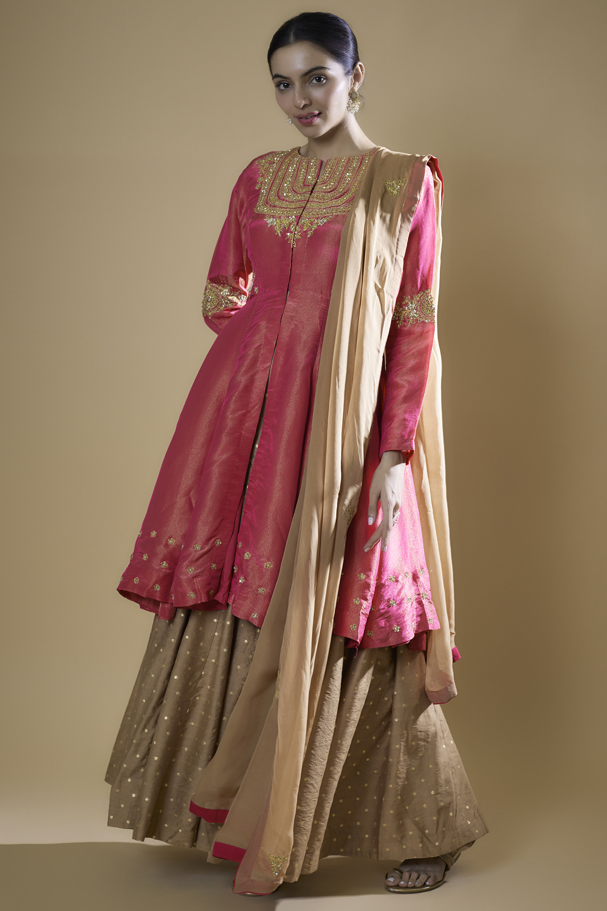 Fuchsia Chanderi Silk Embroidered Party Wear Anarkali Set by Matsya at Pernia's Pop Up Shop