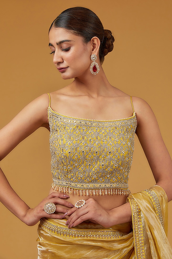 Yellow Tissue Wedding Saree Set by Matsya at Pernia's Pop Up Shop