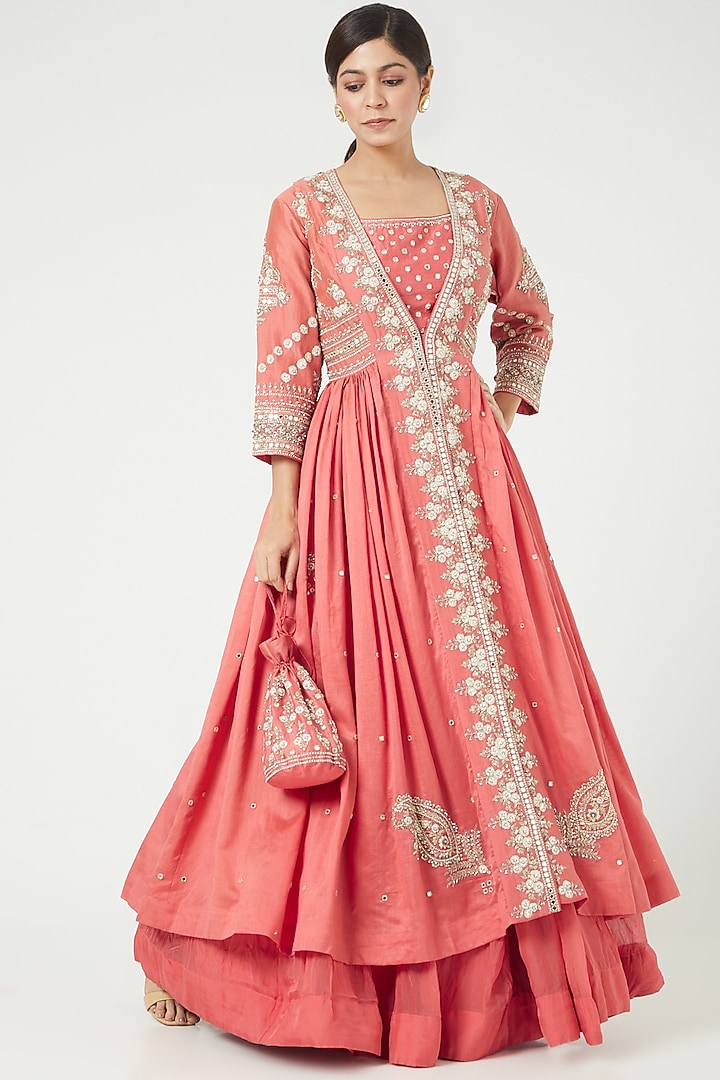 Peach Chanderi Silk Wedding Lehenga Set by Matsya at Pernia's Pop Up Shop