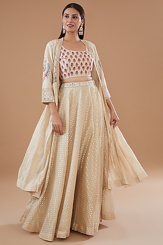 Beige Chanderi Embroidered Lehenga Set by Matsya