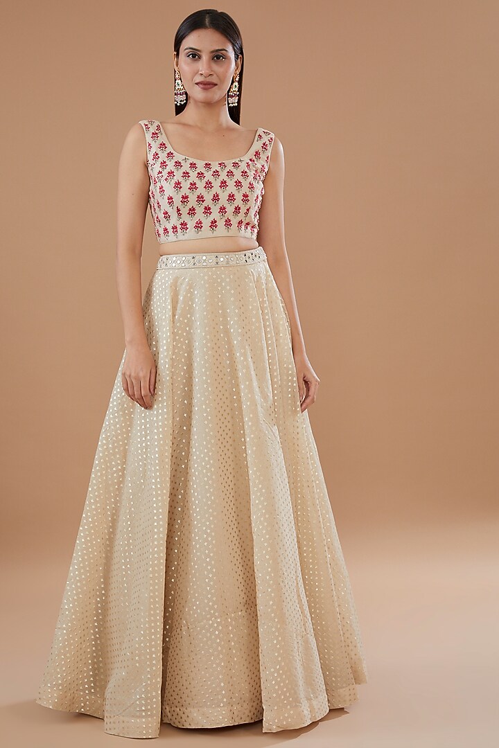 Beige Chanderi Embroidered Wedding Lehenga Set by Matsya at Pernia's Pop Up Shop
