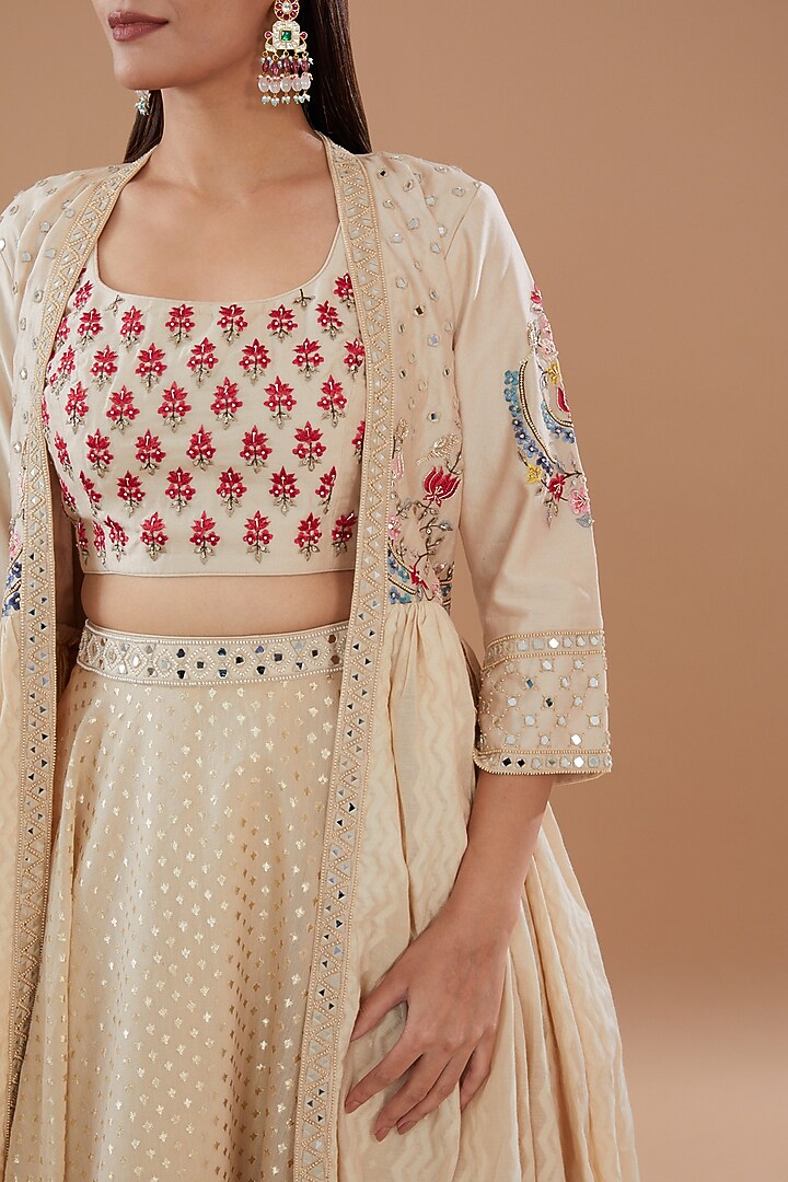 Beige Chanderi Embroidered Wedding Lehenga Set by Matsya at Pernia's Pop Up Shop