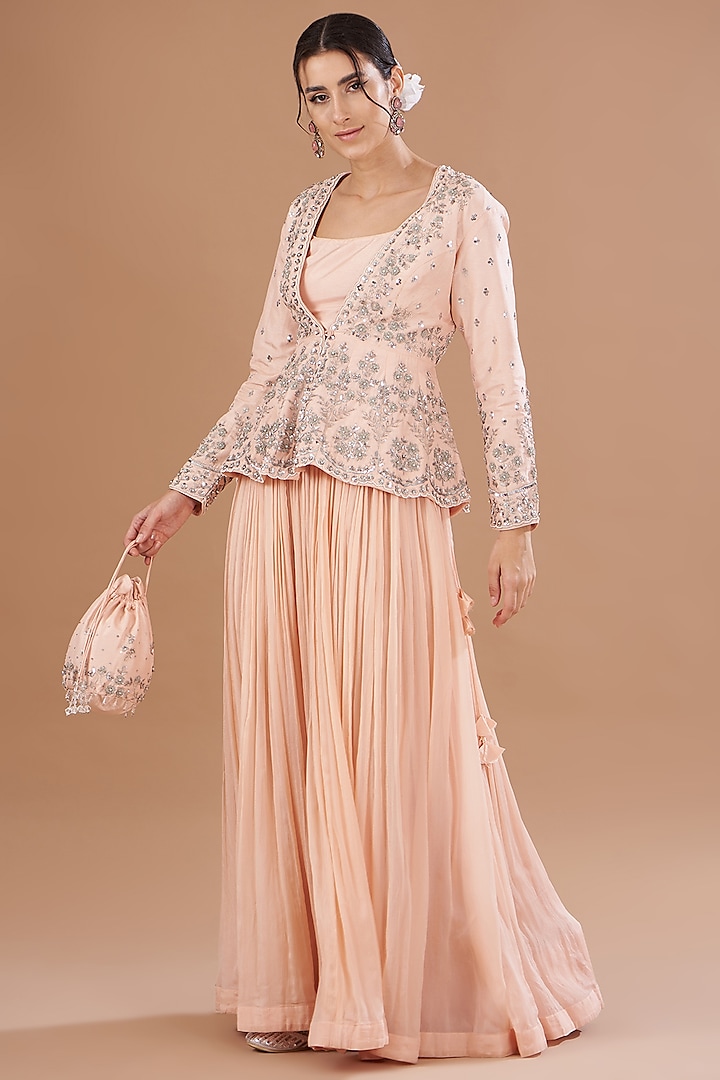 Peach Silk Zardosi Embroidered Wedding Lehenga Set by Matsya at Pernia's Pop Up Shop