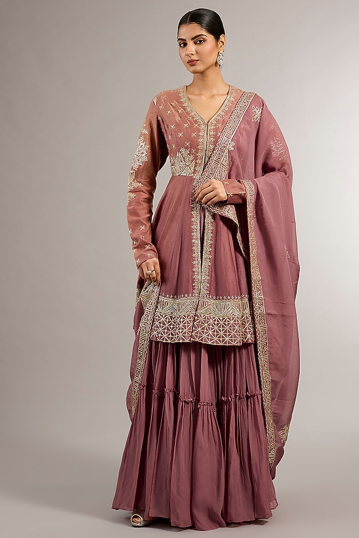 Rose Pink Chanderi Zari Work Peplum Kurta Set by Matsya at Pernia's Pop Up Shop