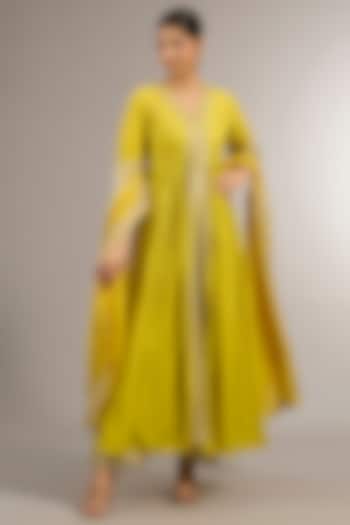 Yellow Chanderi Silk Resham Embroidered Wedding Anarkali Set by Matsya at Pernia's Pop Up Shop
