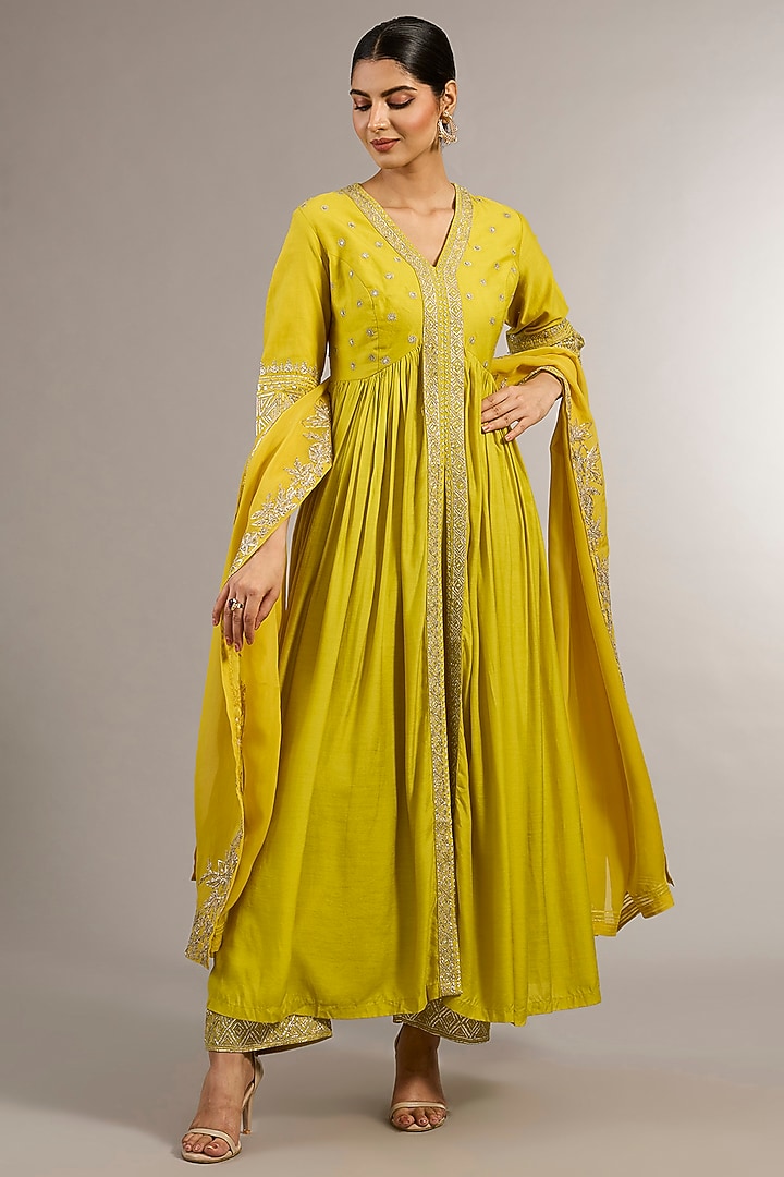 Yellow Chanderi Silk Resham Embroidered Wedding Anarkali Set by Matsya at Pernia's Pop Up Shop