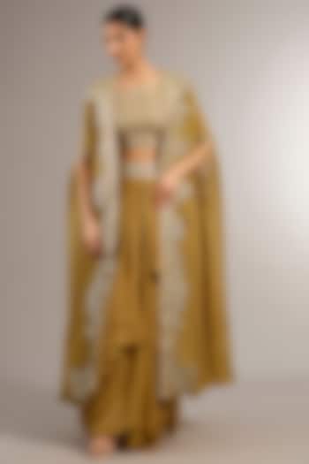Mustard Soft Georgette Organza Aari Embroidered Cape Set by Matsya at Pernia's Pop Up Shop