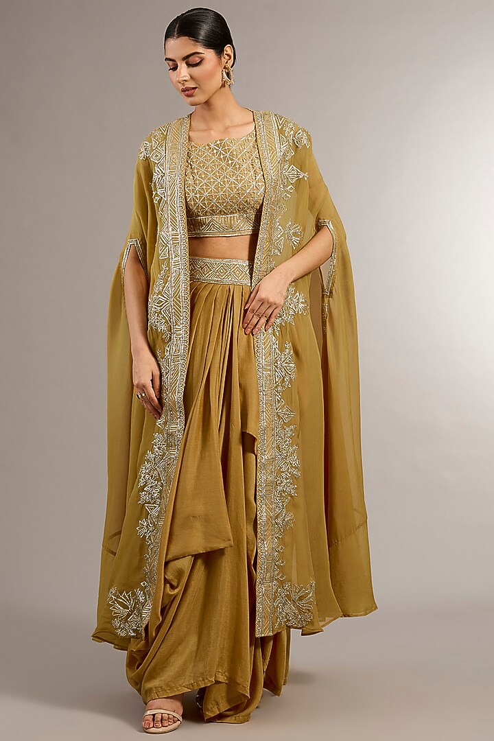 Mustard Soft Georgette Organza Aari Embroidered Cape Set by Matsya at Pernia's Pop Up Shop