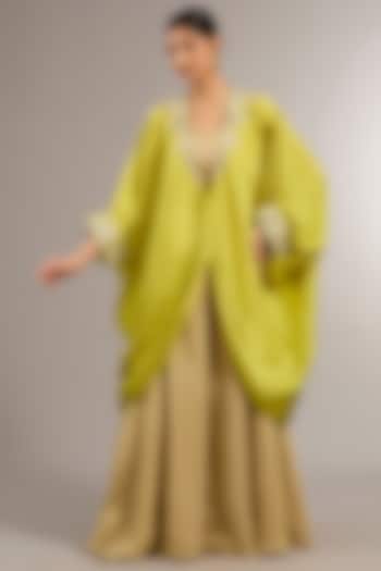 Lime Green Chanderi Silk Zardosi Embroidered Cape Set  by Matsya at Pernia's Pop Up Shop