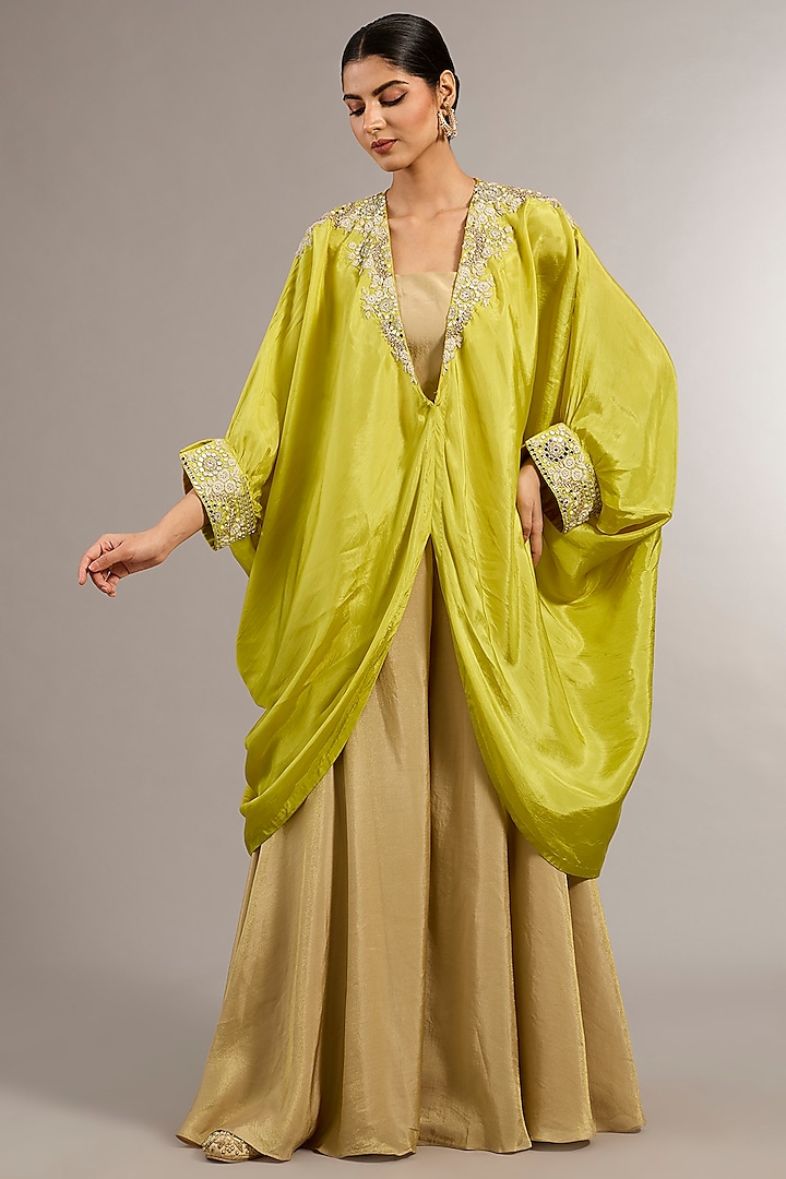 Lime Green Chanderi Silk Zardosi Embroidered Cape Set  by Matsya at Pernia's Pop Up Shop