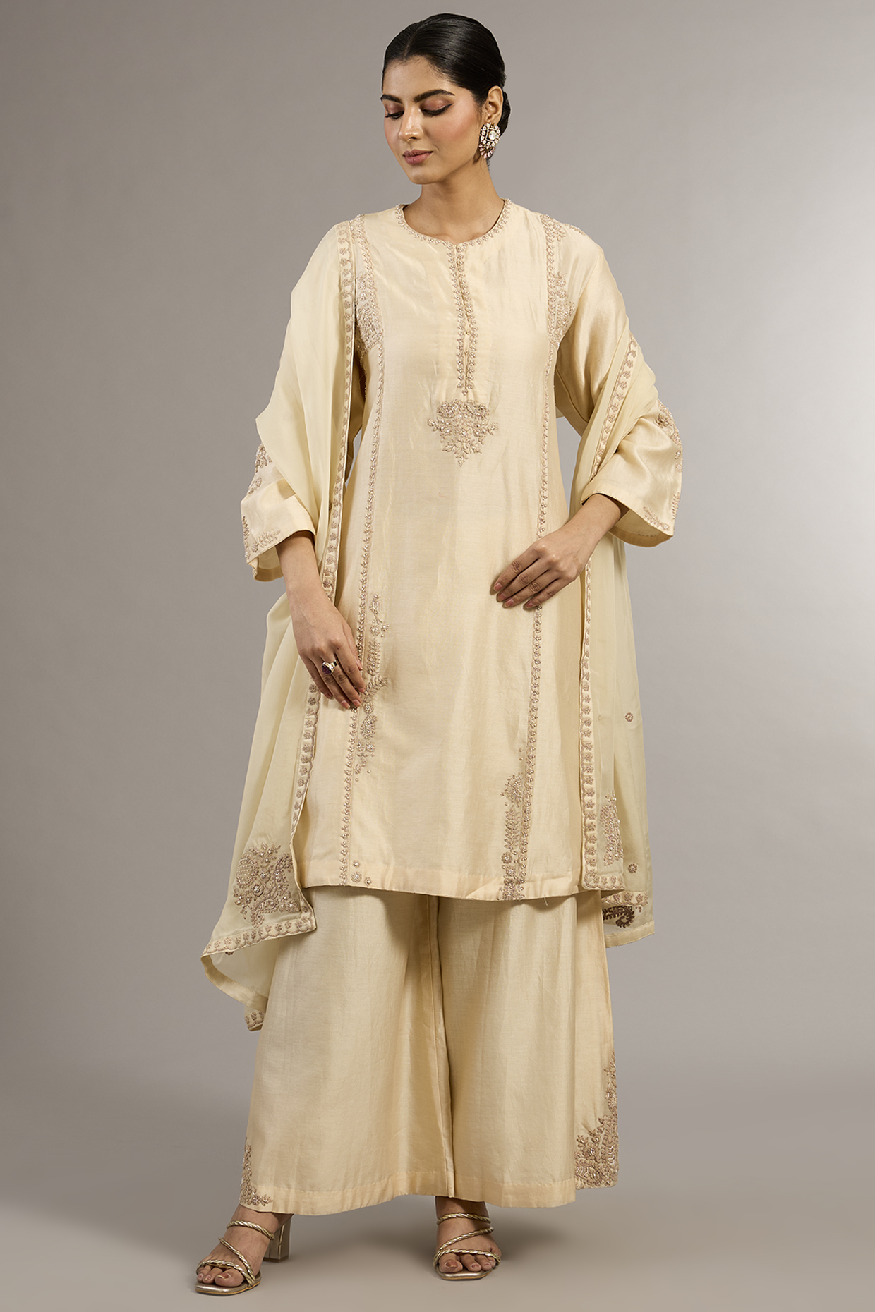 Ivory Chanderi Dori Work A-Line Kurta Set  by Matsya at Pernia's Pop Up Shop