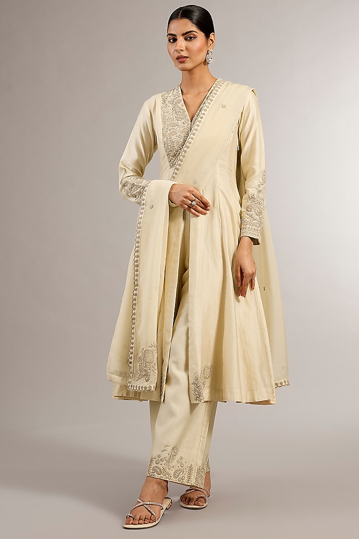Ivory Chanderi Embroidered Kalidar Kurta Set by Matsya at Pernia's Pop Up Shop