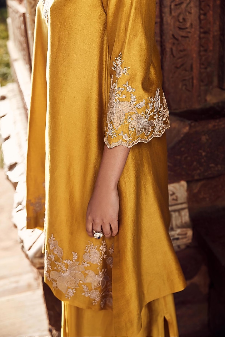 Mustard Chanderi Applique Embroidered Kurta Set by Matsya at Pernia's Pop Up Shop
