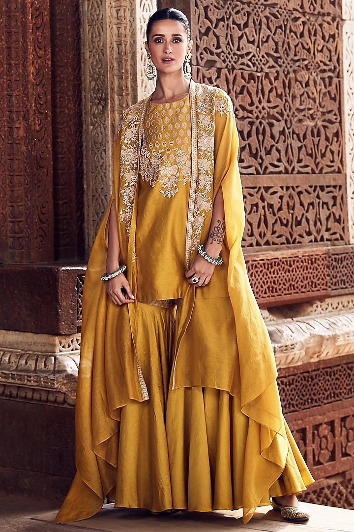 Mustard Chanderi Gharara Set by Matsya at Pernia's Pop Up Shop