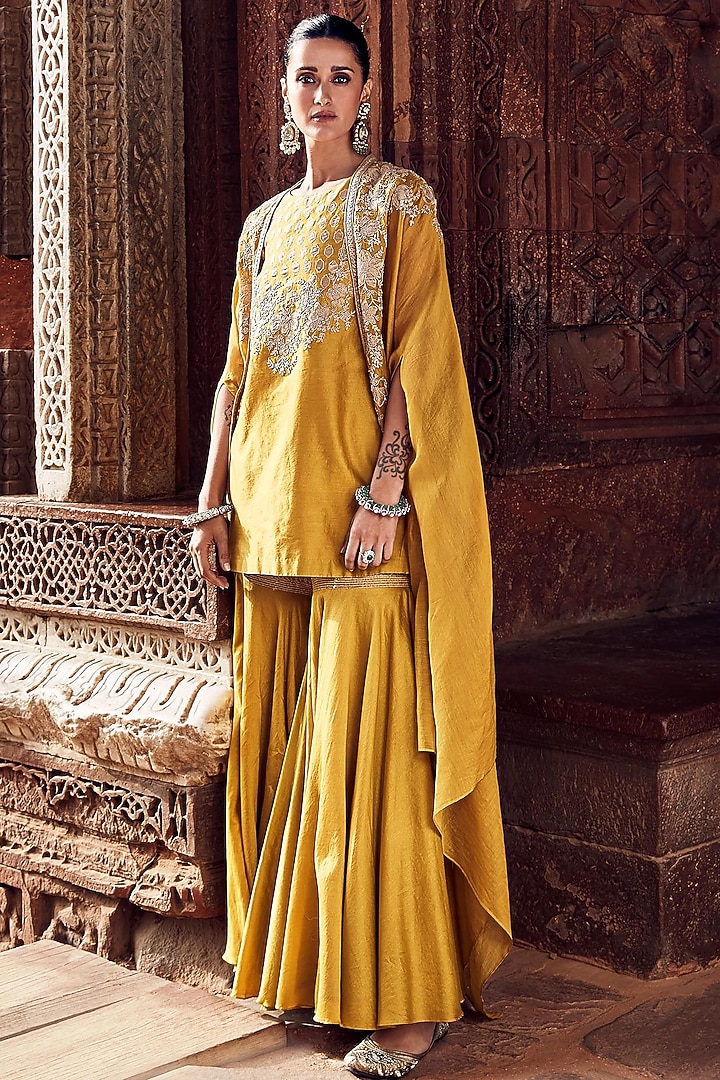 Mustard Chanderi Gharara Set by Matsya at Pernia's Pop Up Shop