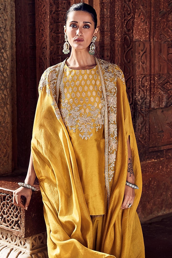Mustard Chanderi Gharara Set by Matsya at Pernia's Pop Up Shop