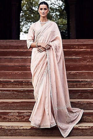 Peach Chanderi Motif Embroidered Saree Set by Matsya