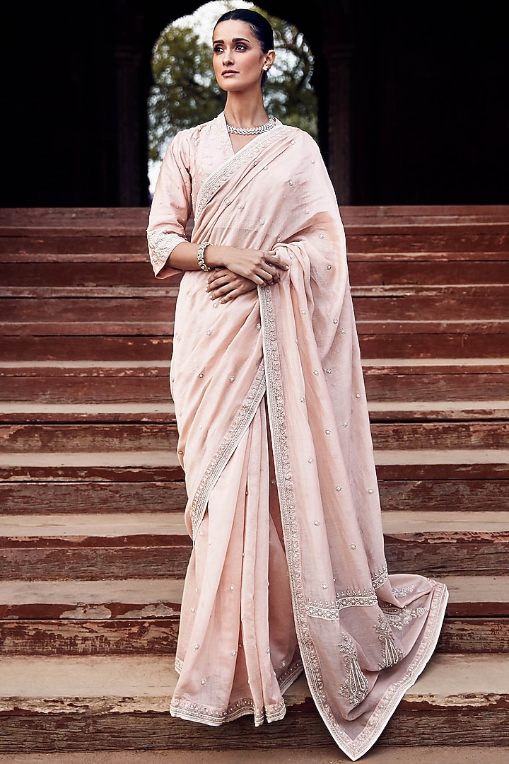 Peach Chanderi Motif Embroidered Wedding Saree Set by Matsya at Pernia's Pop Up Shop