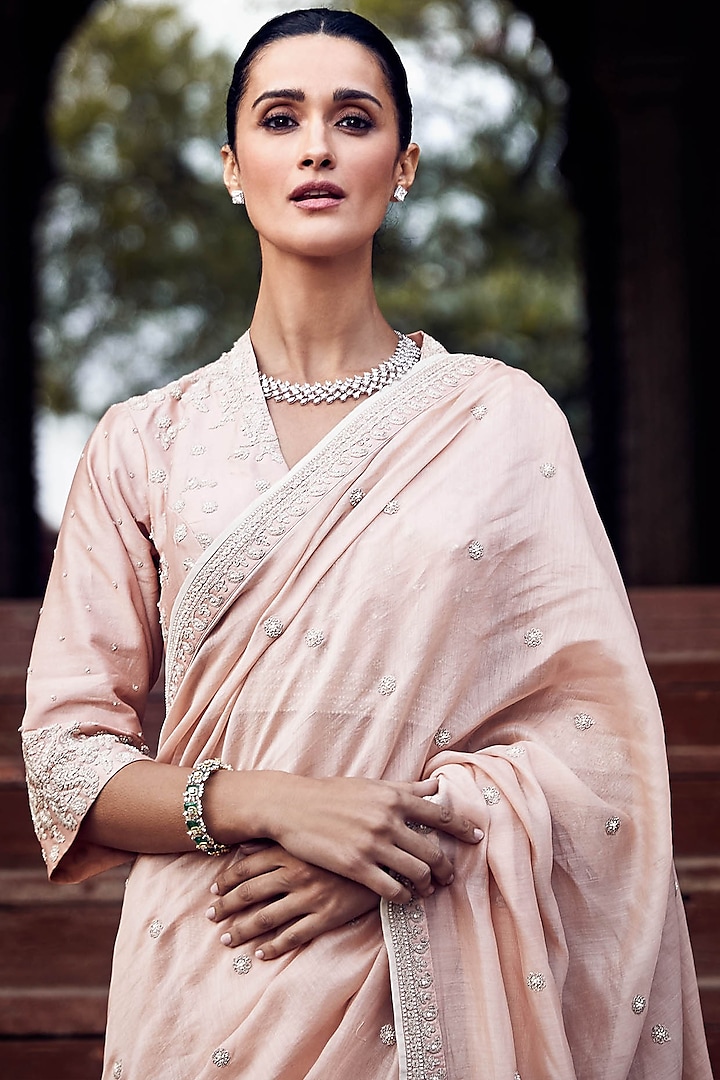 Peach Chanderi Motif Embroidered Wedding Saree Set by Matsya at Pernia's Pop Up Shop
