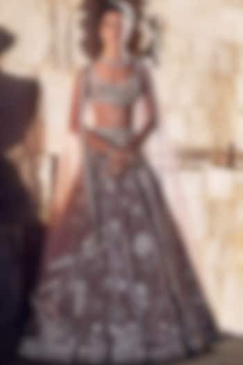 Pink Velvet Silver Dori Hand Embroidered Bridal Lehenga Set by Matsya at Pernia's Pop Up Shop