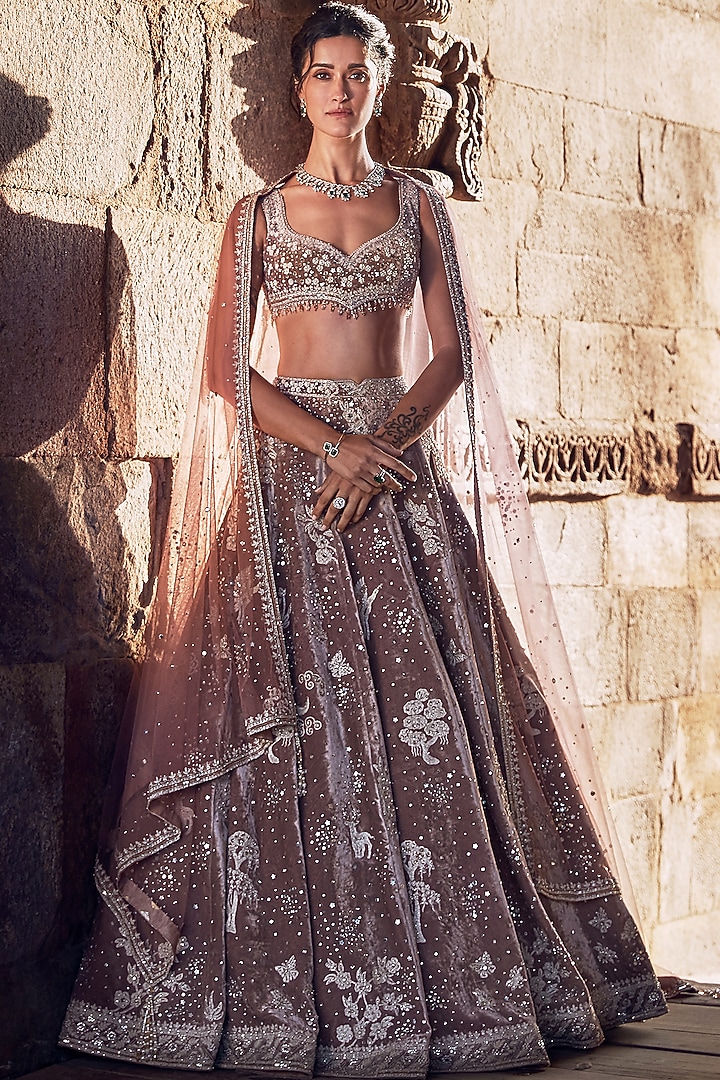 Pink Velvet Silver Dori Hand Embroidered Bridal Lehenga Set by Matsya at Pernia's Pop Up Shop
