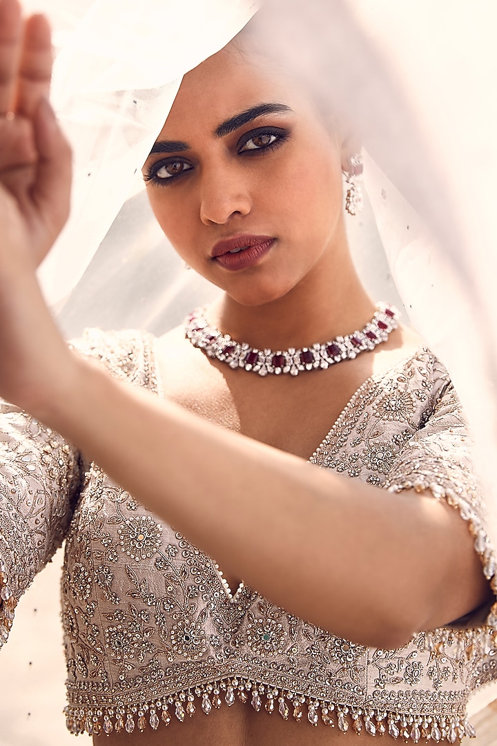 Ivory Raw Silk Dori & Gota Hand Embroidered Bridal Lehenga Set by Matsya at Pernia's Pop Up Shop