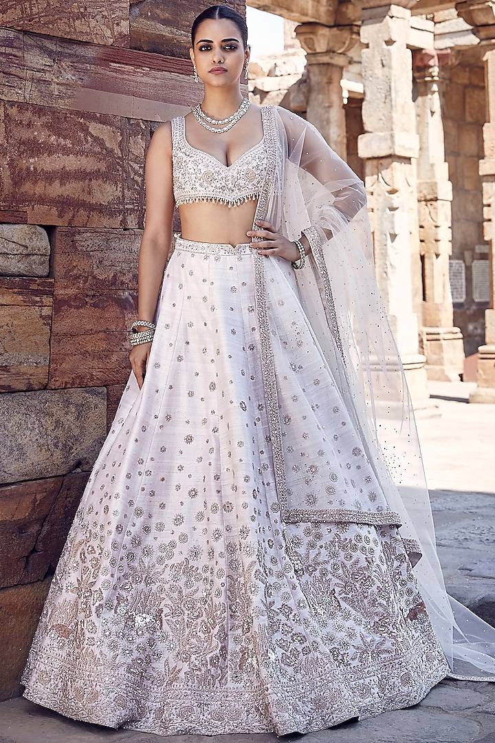 Ivory Raw Silk Dori & Sequins Hand Embroidered Lehenga Set by Matsya