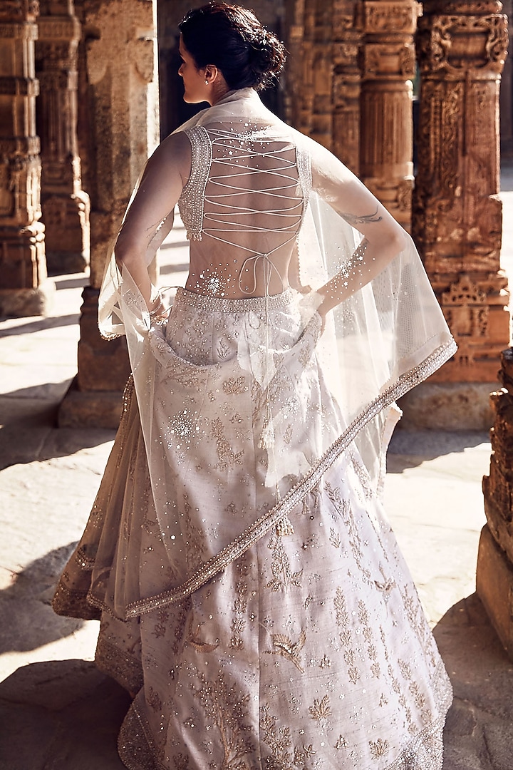 Beige Raw Silk Dori & Pearl Embroidered Bridal Lehenga Set by Matsya at Pernia's Pop Up Shop
