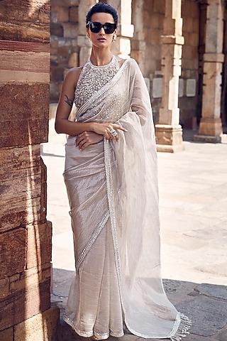 Ivory Tissue Striped Saree Set by Matsya