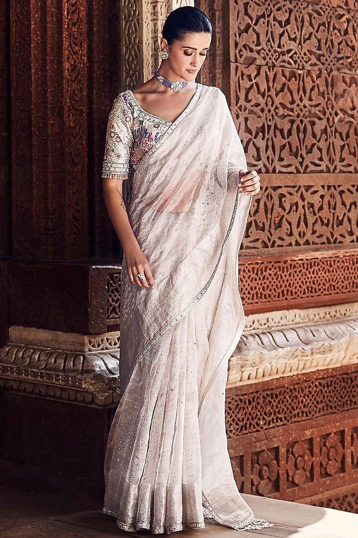 Ivory Tissue Aari Hand Embroidered Wedding Saree Set by Matsya at Pernia's Pop Up Shop