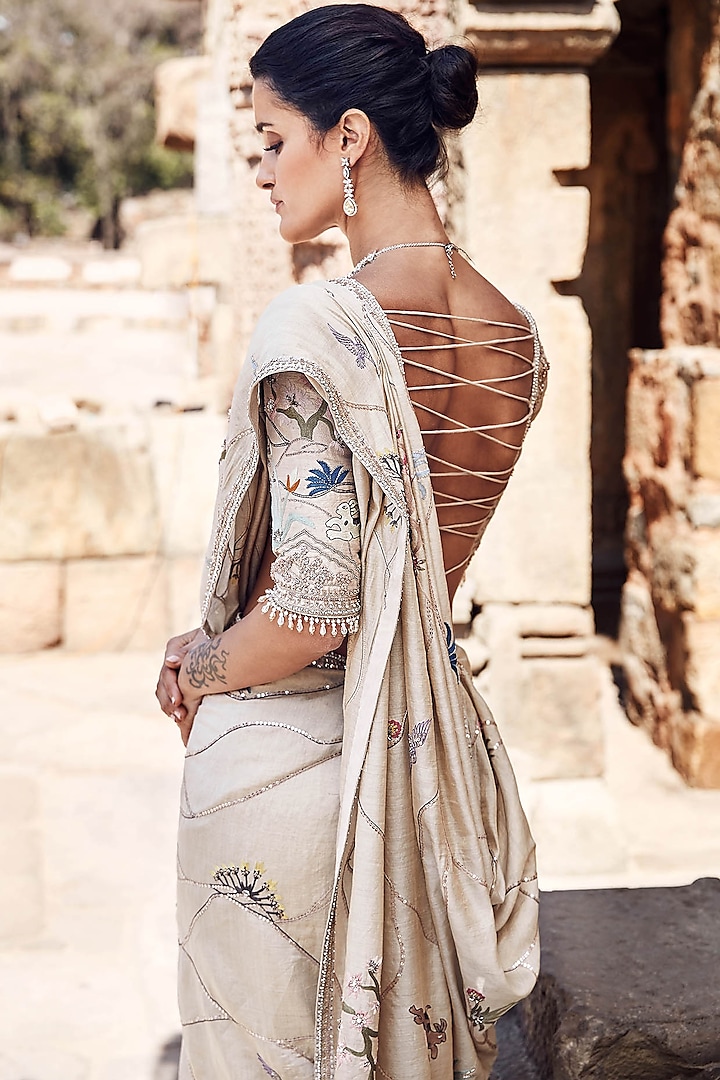 Beige Raw Silk Dori Floral Hand Embroidered Wedding Saree Set by Matsya at Pernia's Pop Up Shop