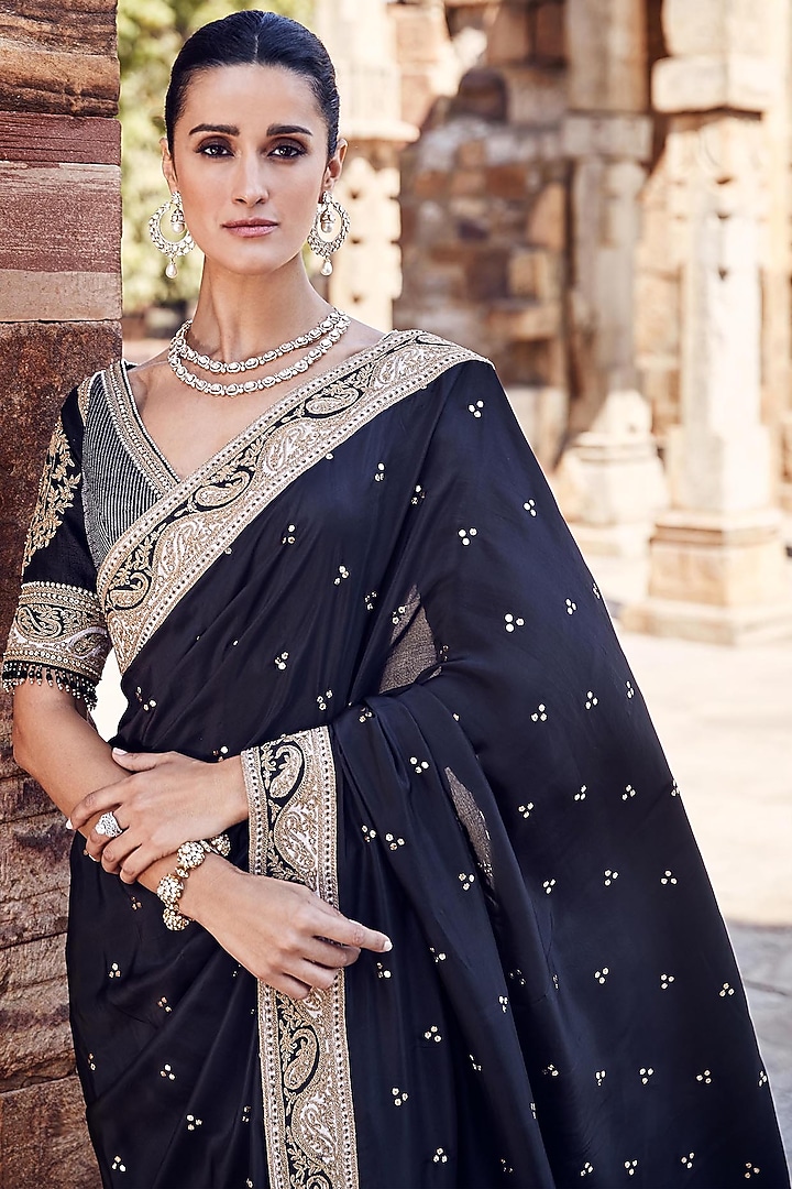 Black Tabby Silk Dori Hand Embroidered Reception Saree Set by Matsya at Pernia's Pop Up Shop